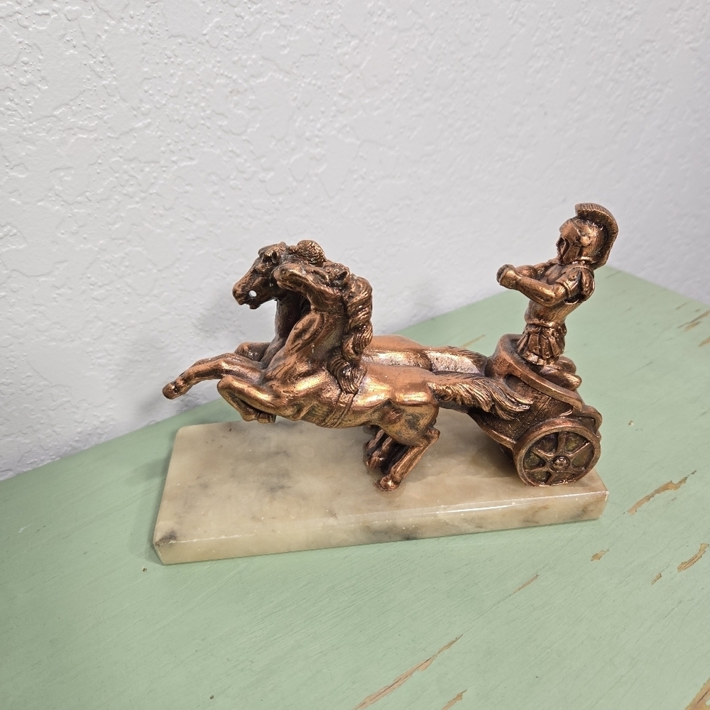 Roman Greek Soldier Warrior 2 Horse Chariot Copper Bronze Plate Marble Base - Picture 2 of 7